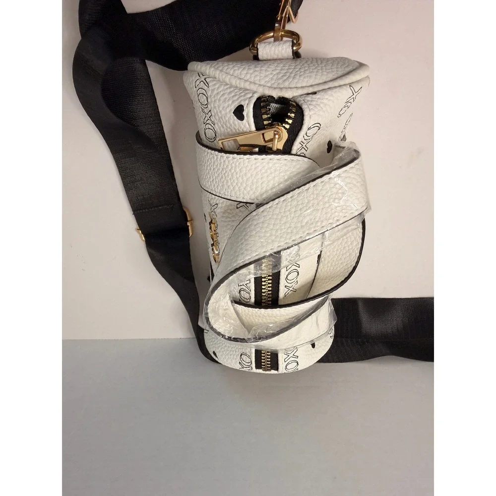 XOXO White Mini Cylinder Duffle Crossbody Bag Heart Print Gold Hardware New